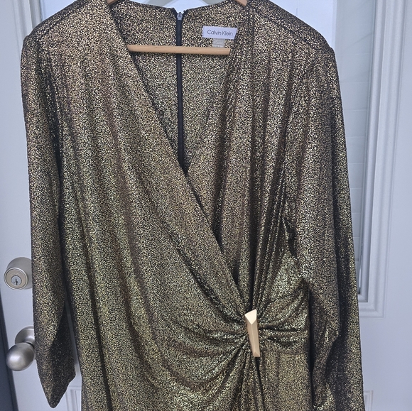 Calvin Klein Metallic Faux-Wrap Sheath Dress Sz 18W Plus Gold Women NWT - Picture 4 of 14